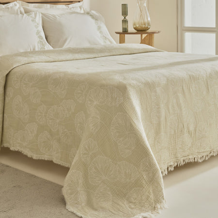 Karaca Home Ginkgo Leaf Muslin Embroidered Double Bed Quilt Set, Sage - MALLTURK