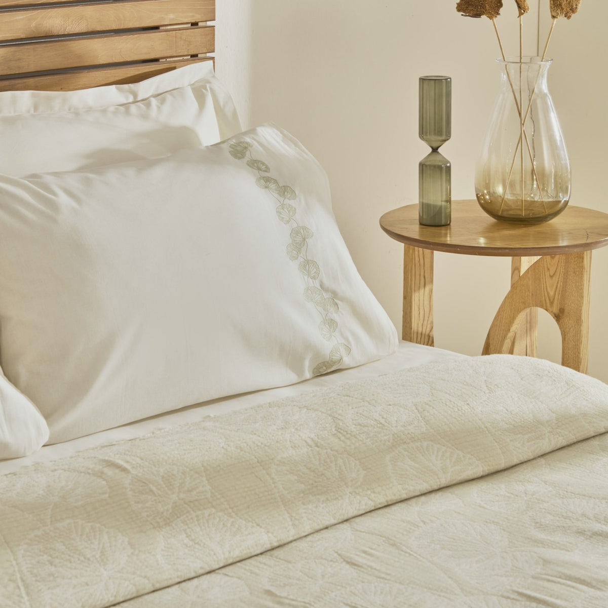 Karaca Home Ginkgo Leaf Muslin Embroidered Double Bed Quilt Set, Sage - MALLTURK