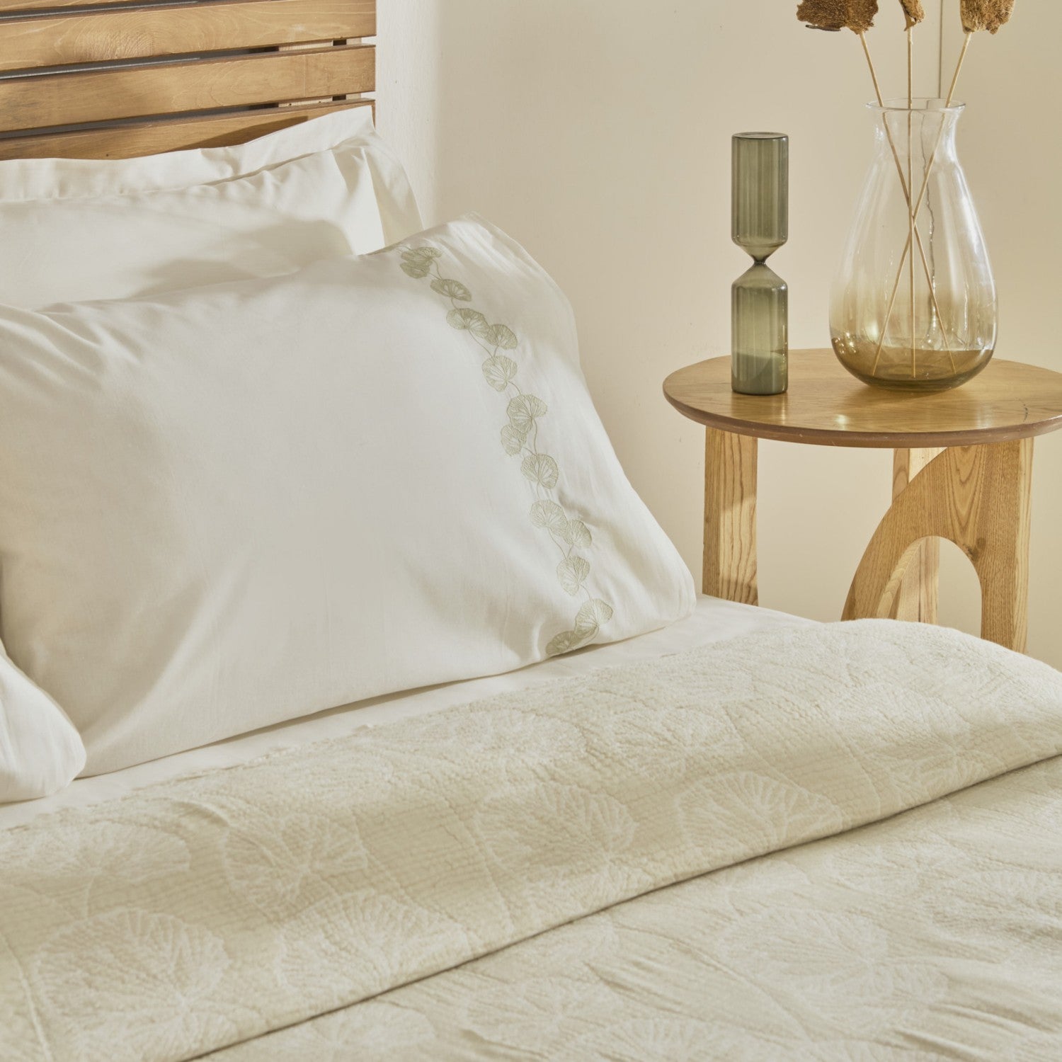 Karaca Home Ginkgo Leaf Muslin Embroidered Double Bed Quilt Set, Sage - MALLTURK