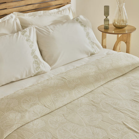 Karaca Home Ginkgo Leaf Muslin Embroidered Double Bed Quilt Set, Sage - MALLTURK