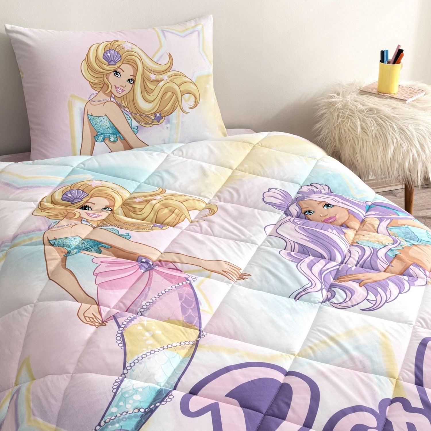 Tac Licensed Barbie Mermaid Single Cotton Quilt Set - MALLTURK