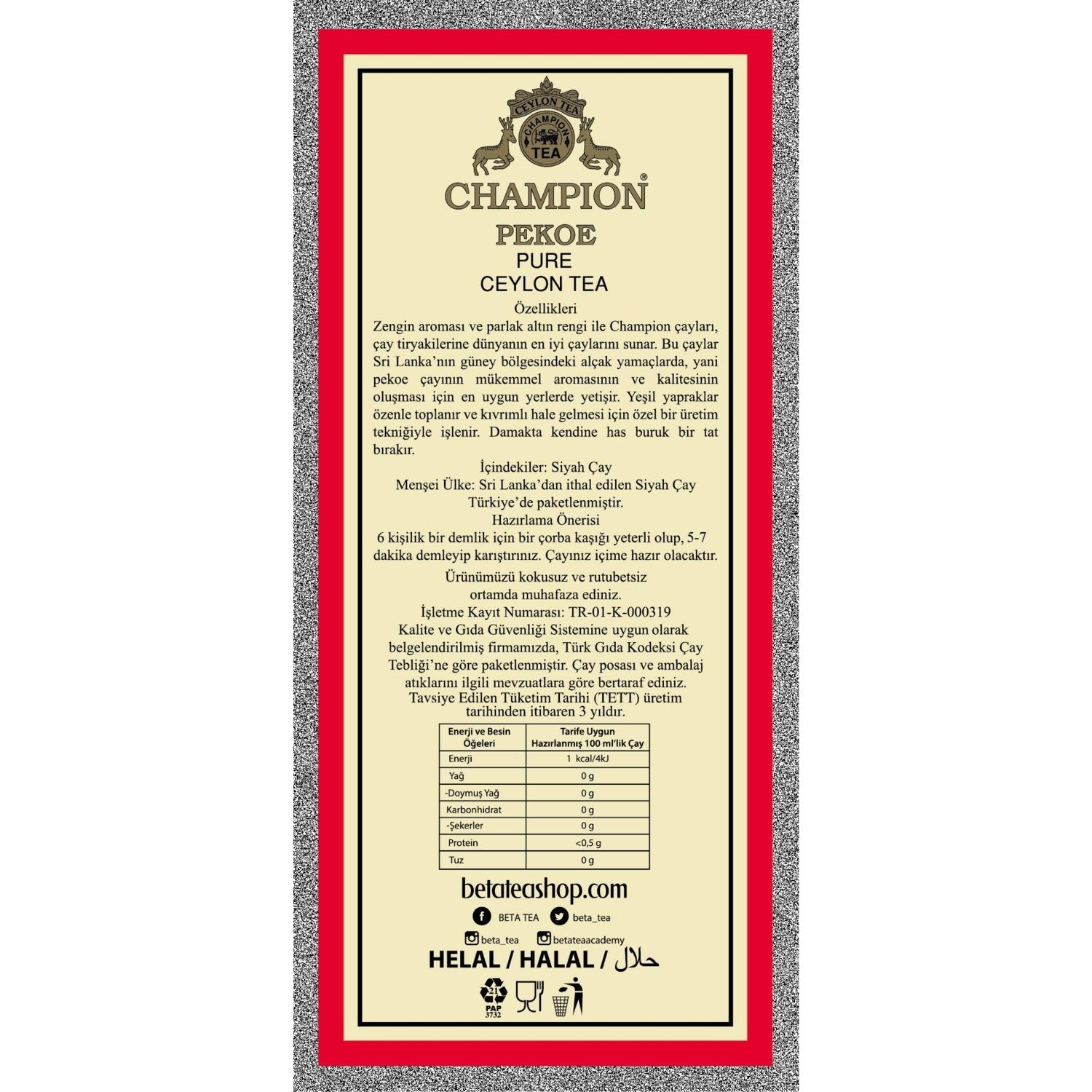 Beta Champion Pekoe 500 g (Super Pekoe-Seylan tea - Ceylon Tea) - MALLTURK