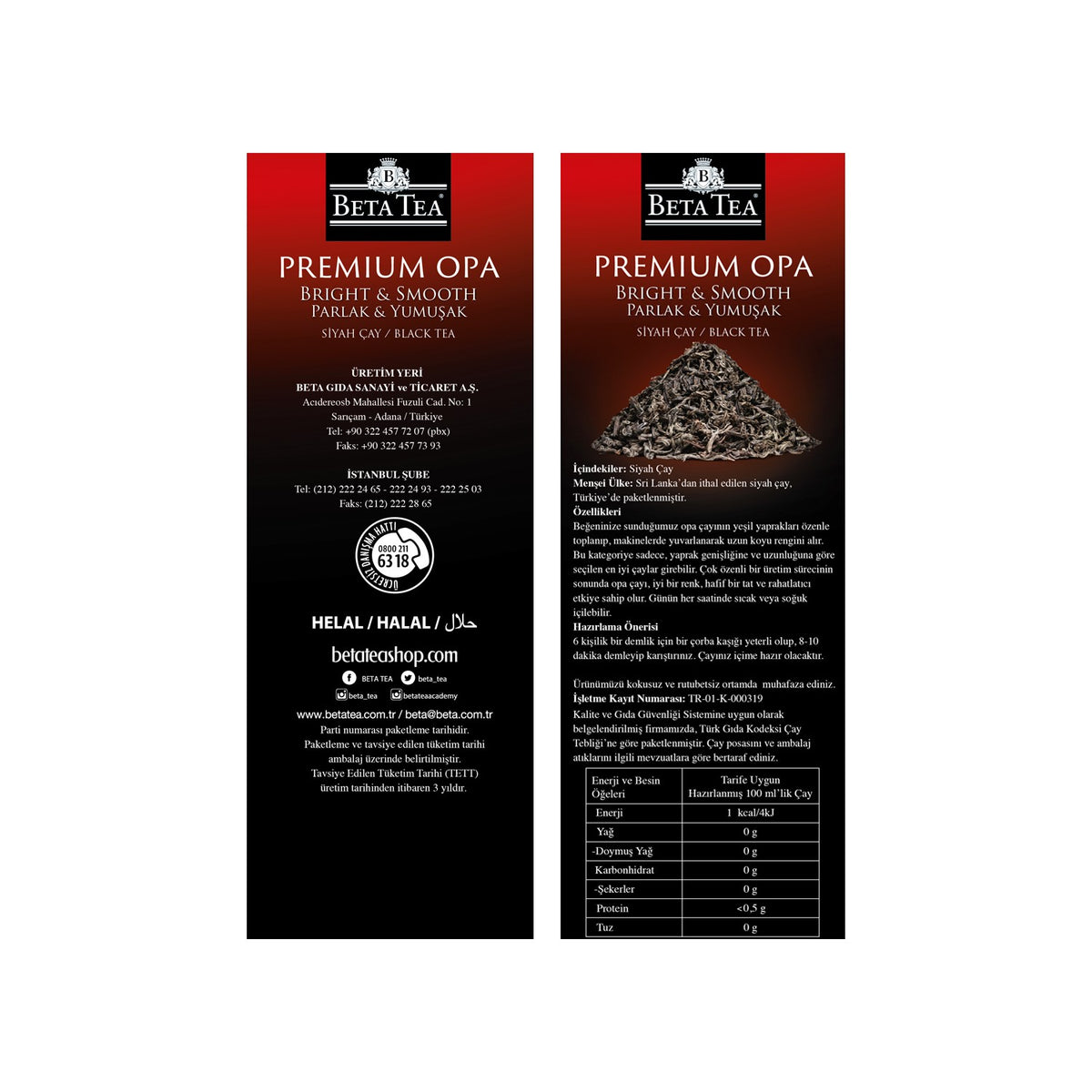 Beta Tea Premium Opa 750 g % 100 Seylon Ithal black tea Parlak and Yumusak aroma with Sri