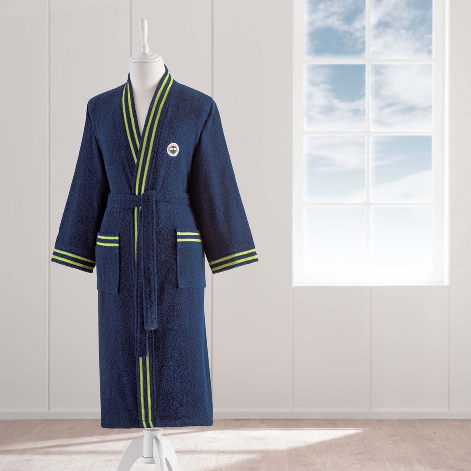 Tac Licensed Fenerbahce Yellow and Navy Blue Cotton Adult Bathrobe Navy Blue - MALLTURK