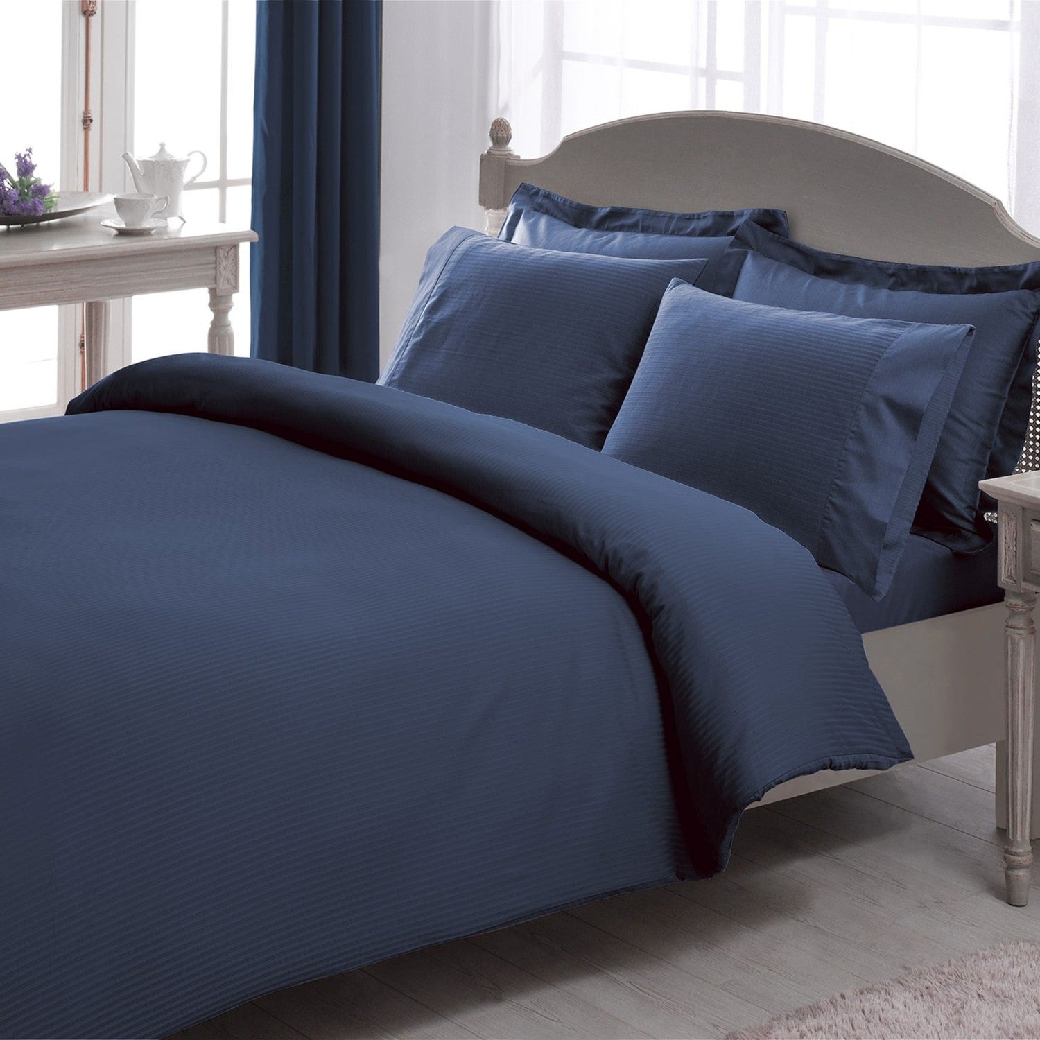 Tac Stripe Premium Basic King Size Duvet Cover Set Navy Blue - MALLTURK