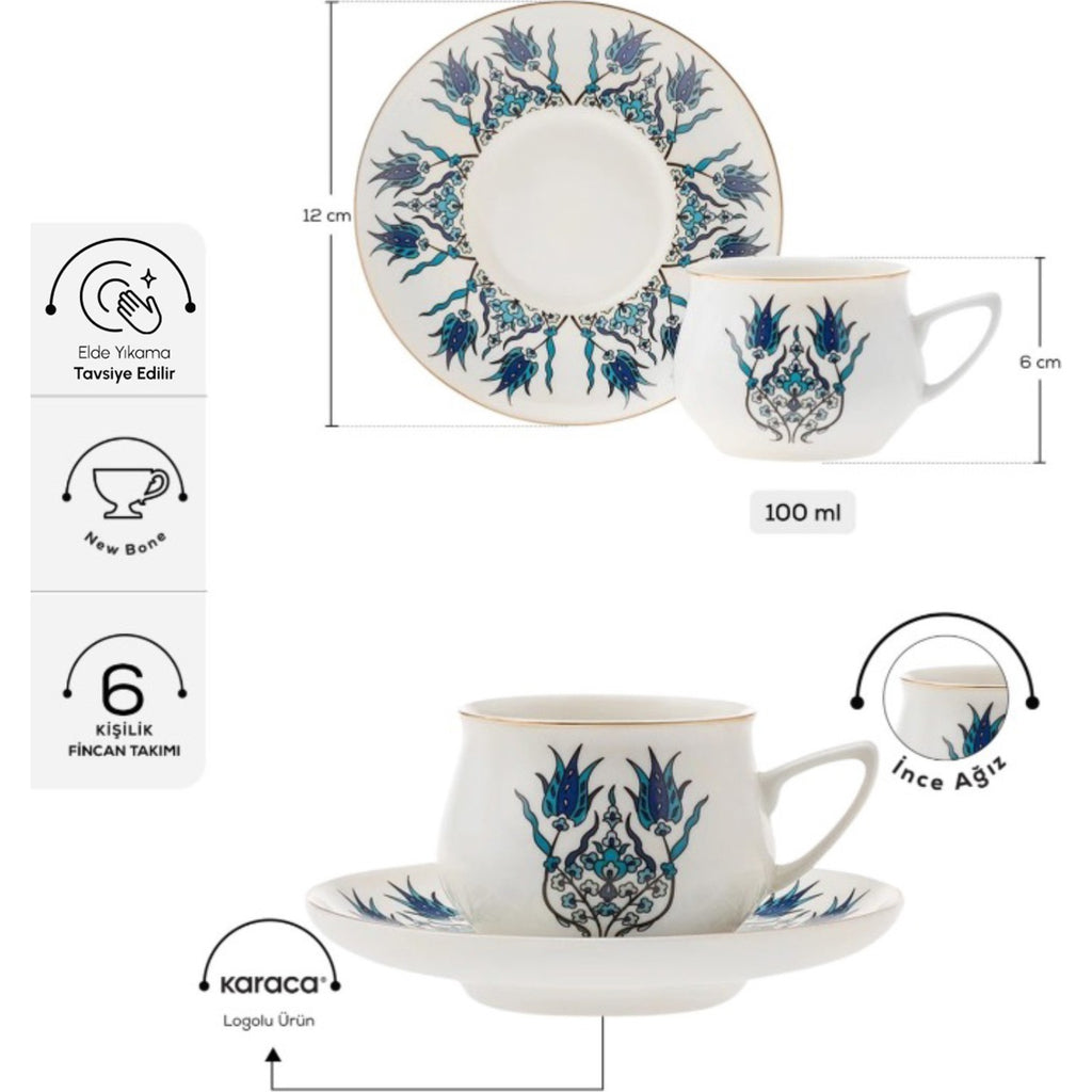 Karaca Iznik New Form Turkish Coffee Cup Set for 6, 100 ml