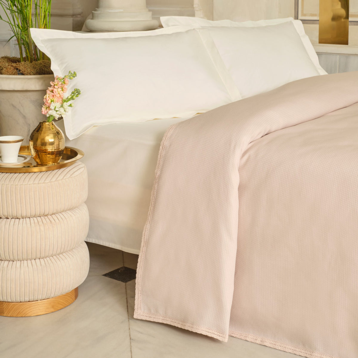 Karaca Home Alya Fistolu Bamboo Double Quilted Bedspread, Powder Pink - MALLTURK