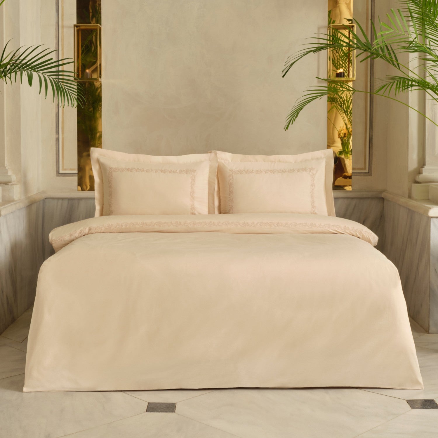 Karaca Home Cortez Embroidered Embroidered %100 Cotton Double Duvet Cover Set Beige - MALLTURK