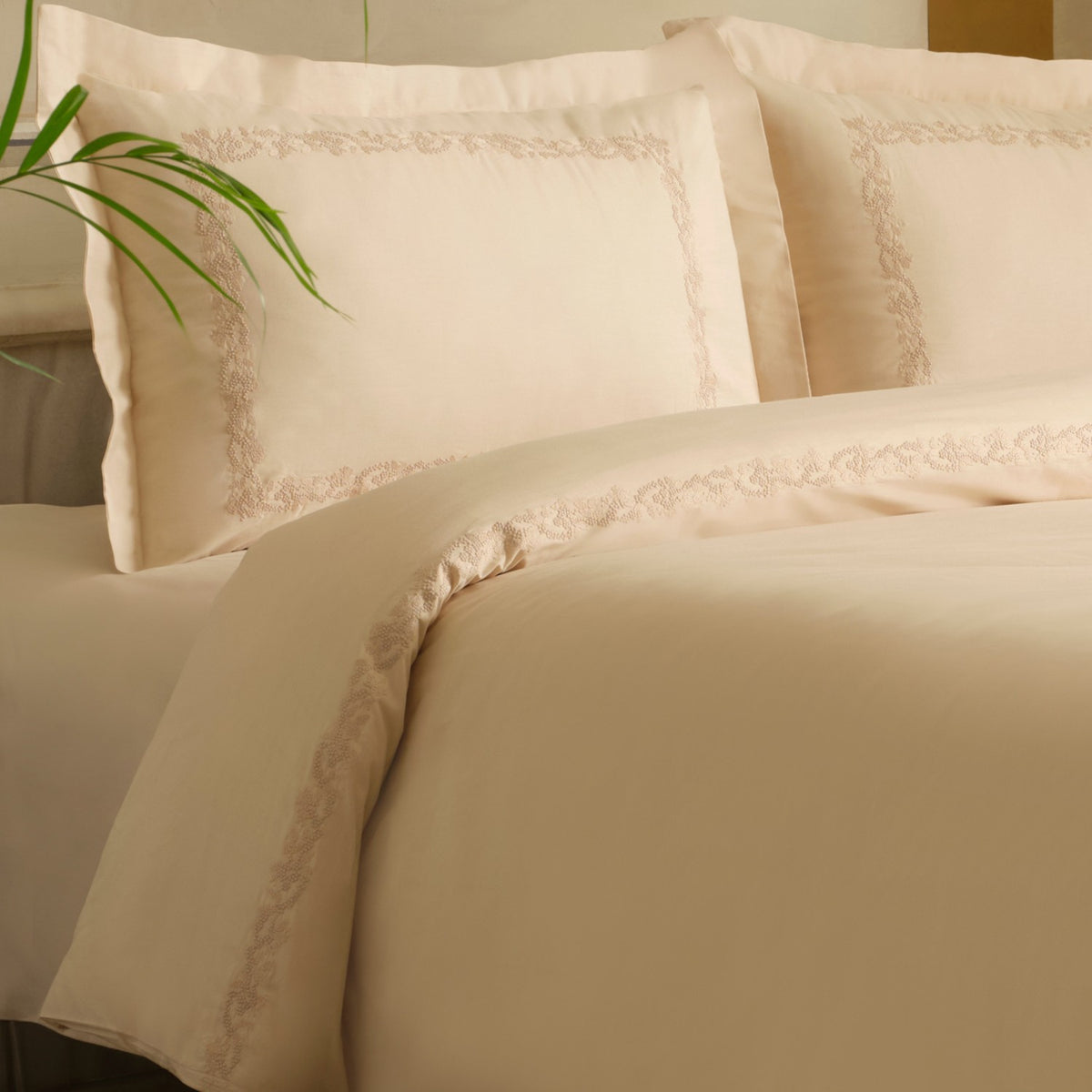 Karaca Home Cortez Embroidered Embroidered %100 Cotton Double Duvet Cover Set Beige - MALLTURK