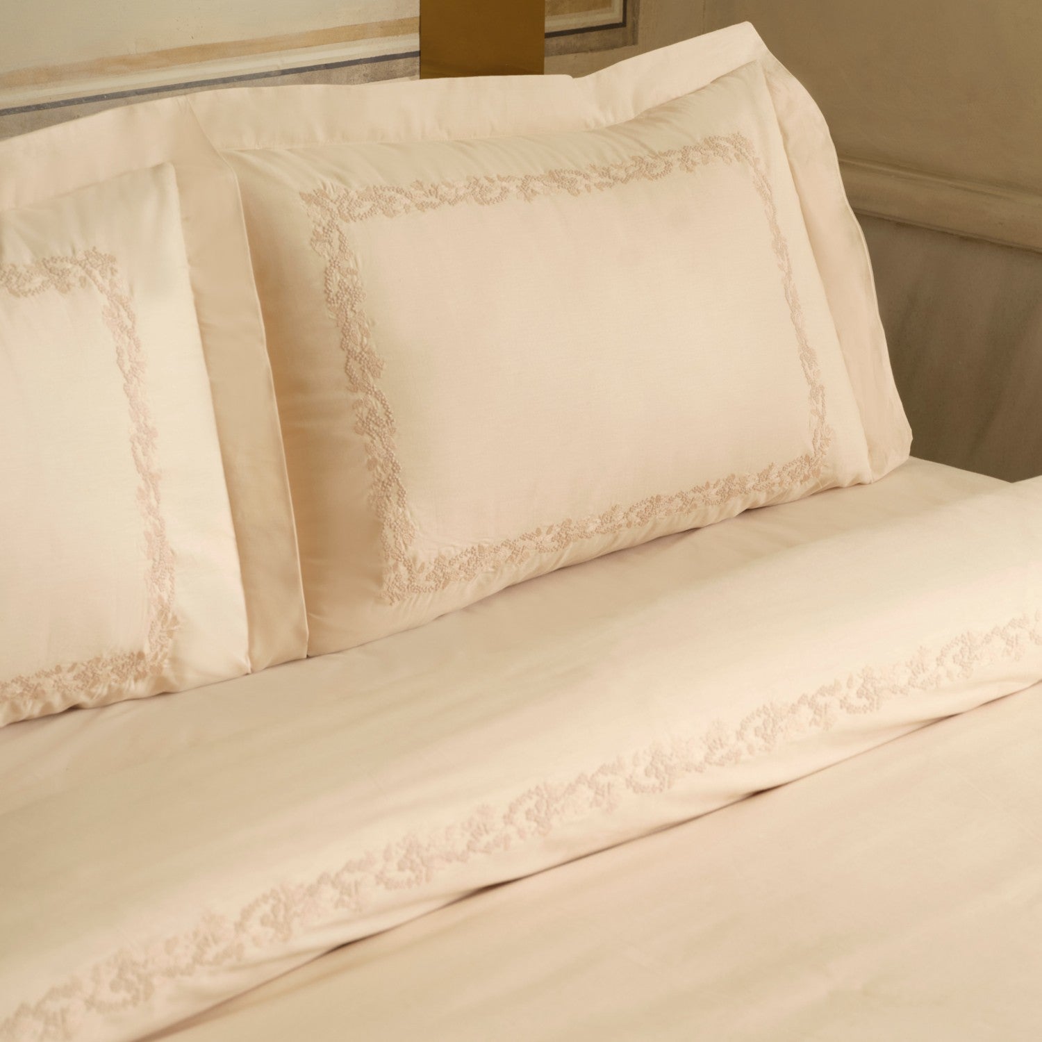 Karaca Home Cortez Embroidered Embroidered %100 Cotton Double Duvet Cover Set Beige - MALLTURK