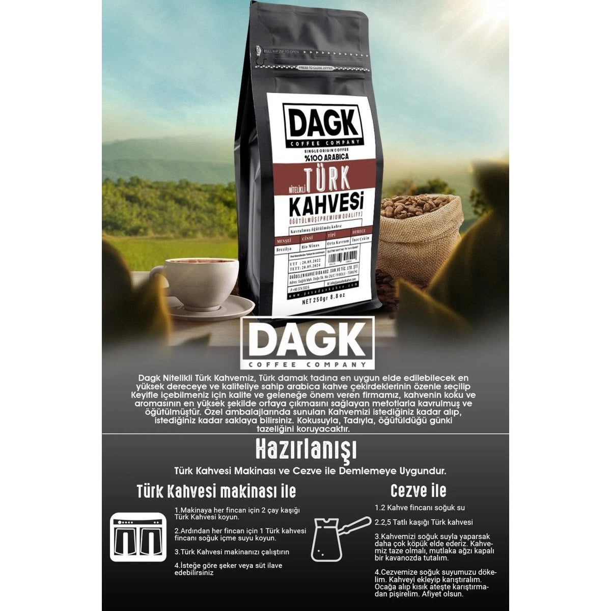 Dagk Quality Turkish Coffee 250 gr Brazilian Origin Medium Roast Delicious Ground Coffee - MALLTURK