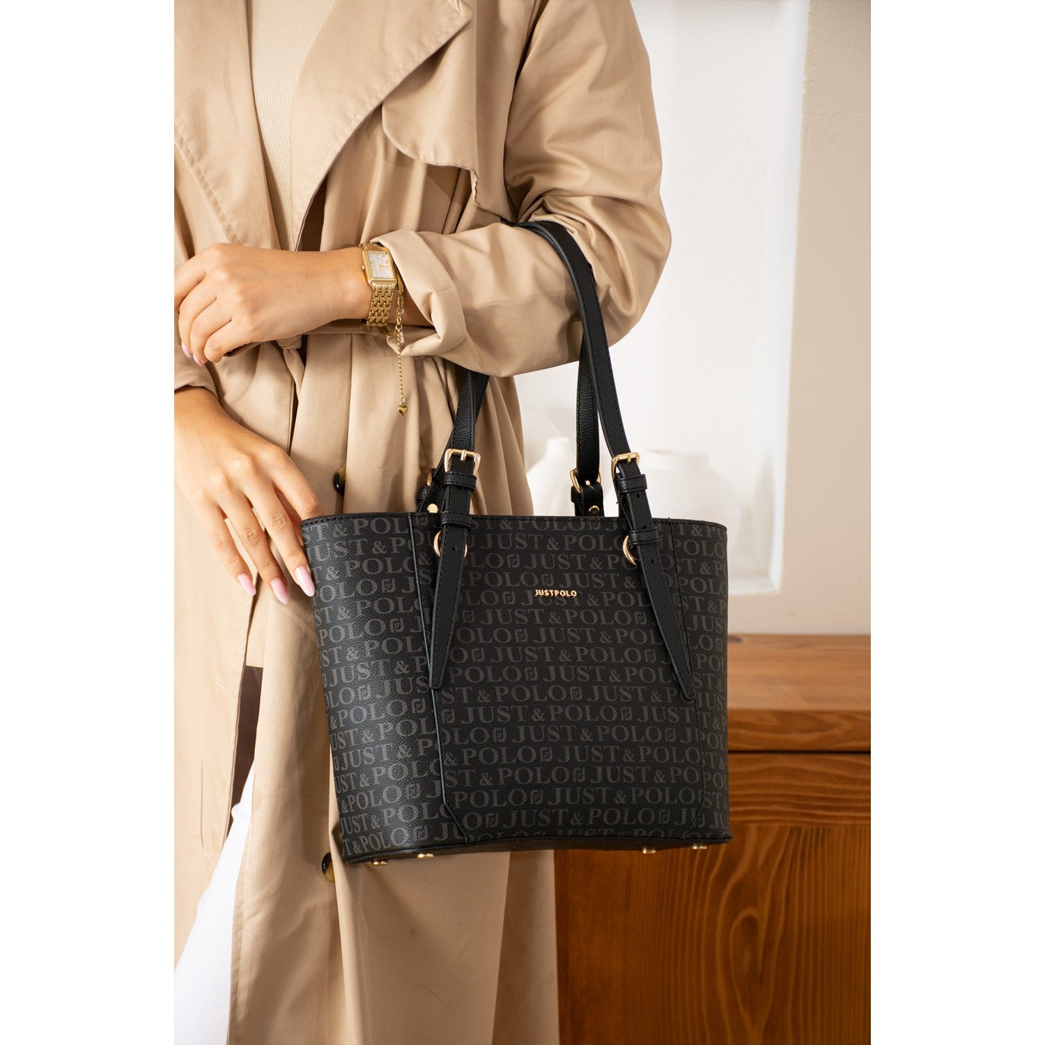 Just Polo Brown Premium Women's Hand and Shoulder Bag, New Season. Dimensions: Height: 25 cm, Width: 35 cm. Black - MALLTURK
