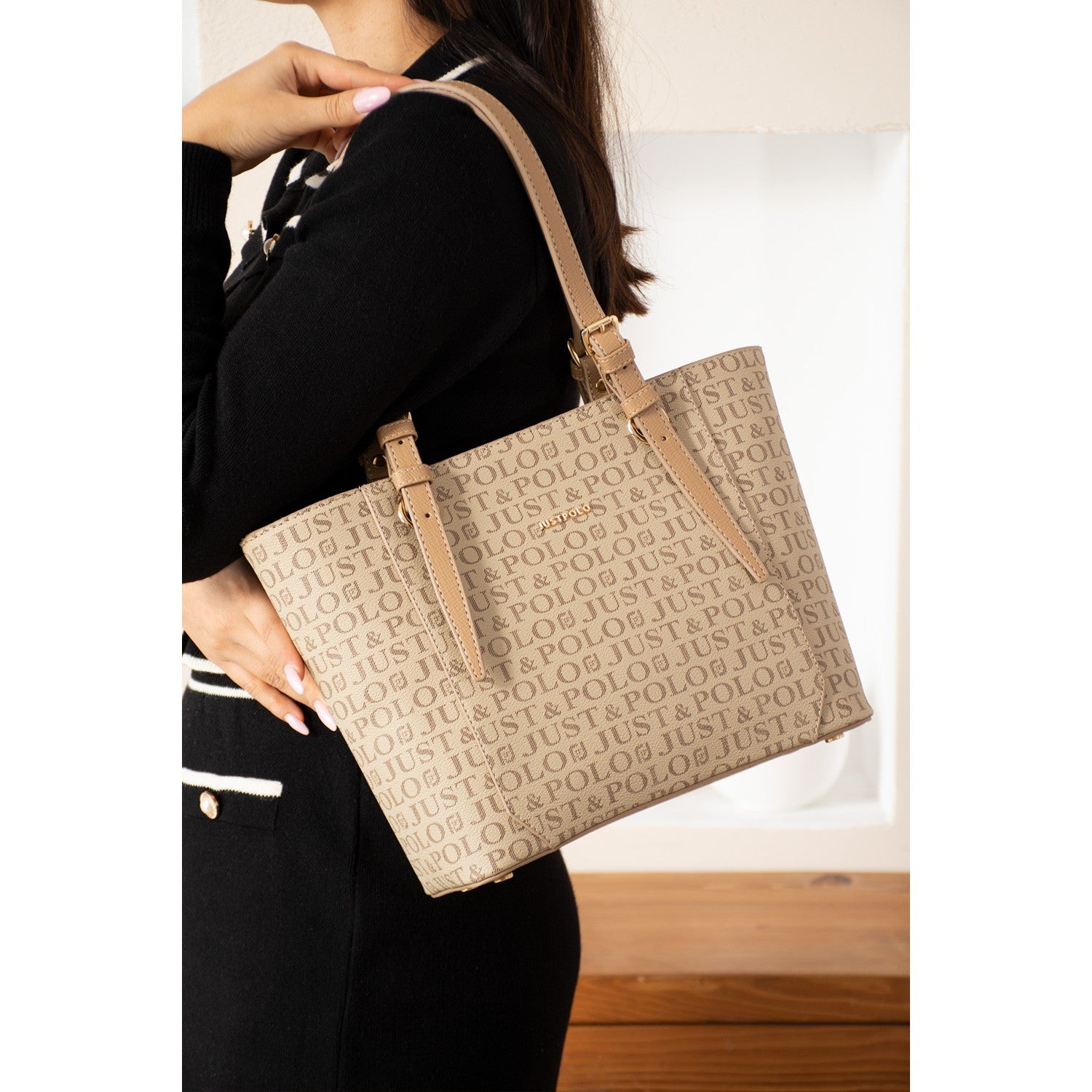 Just Polo Brown Premium Women's Hand and Shoulder Bag, New Season. Dimensions: Height: 25 cm, Width: 35 cm. Beige-82154 - MALLTURK