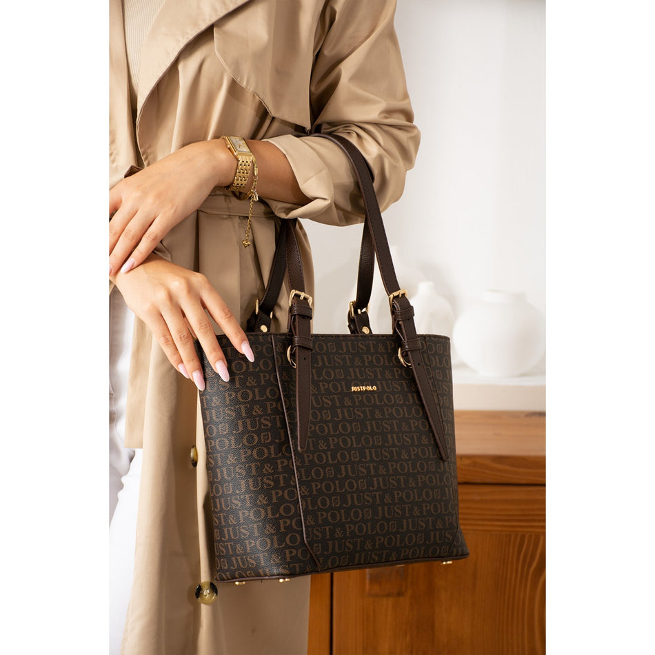 Just Polo Brown Premium Women's Hand and Shoulder Bag, New Season. Dimensions: Height: 25 cm, Width: 35 cm. Brown-70304 - MALLTURK