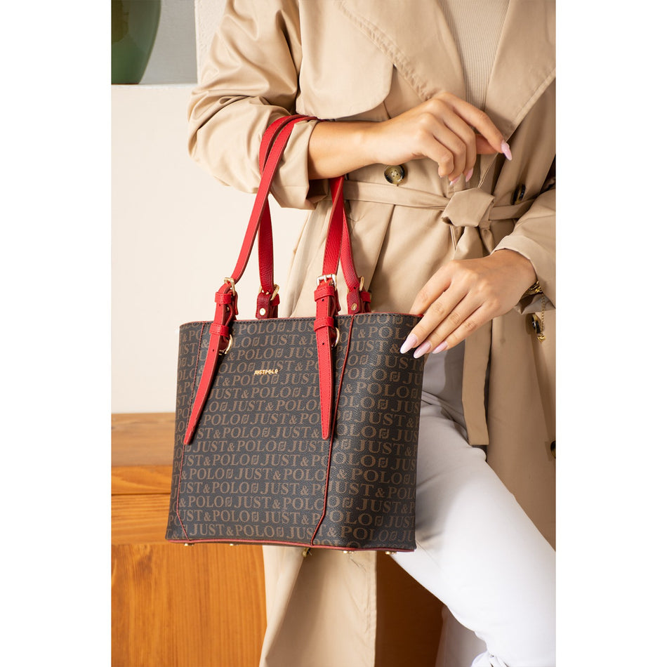 Just Polo Brown Premium Women's Hand and Shoulder Bag, New Season. Dimensions: Height: 25 cm, Width: 35 cm. Brown - Red - MALLTURK