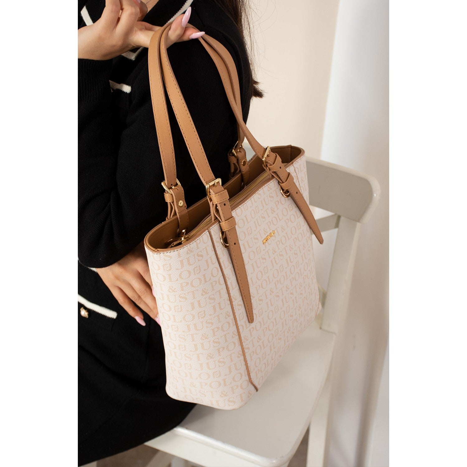 Just Polo Brown Premium Women's Hand and Shoulder Bag, New Season. Dimensions: Height: 25 cm, Width: 35 cm. Cream - Tan - MALLTURK