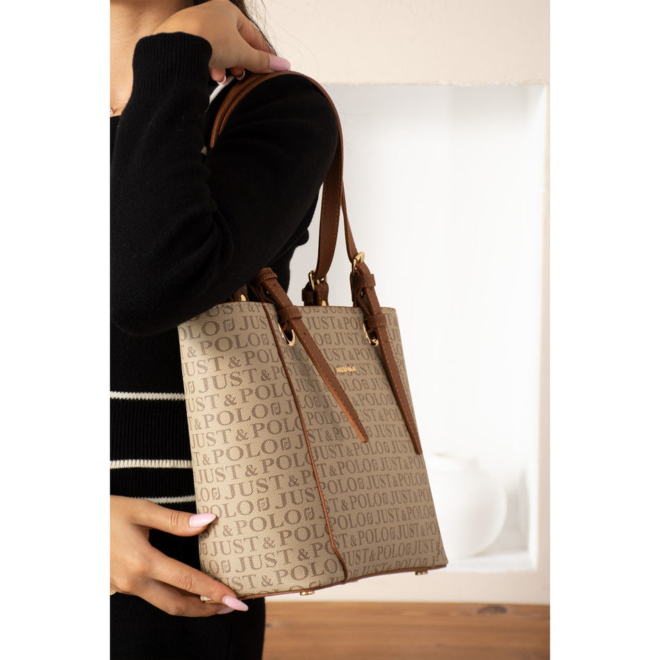 Just Polo Brown Premium Women's Hand and Shoulder Bag, New Season. Dimensions: Height: 25 cm, Width: 35 cm. Sand - Tan - MALLTURK