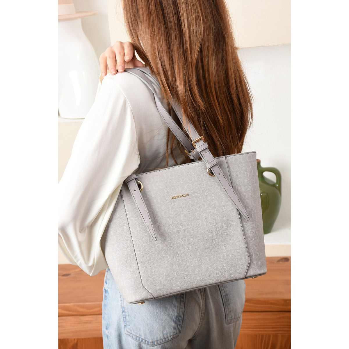 Just Polo Brown Premium Women's Hand and Shoulder Bag, New Season. Dimensions: Height: 25 cm, Width: 35 cm. Gray - MALLTURK
