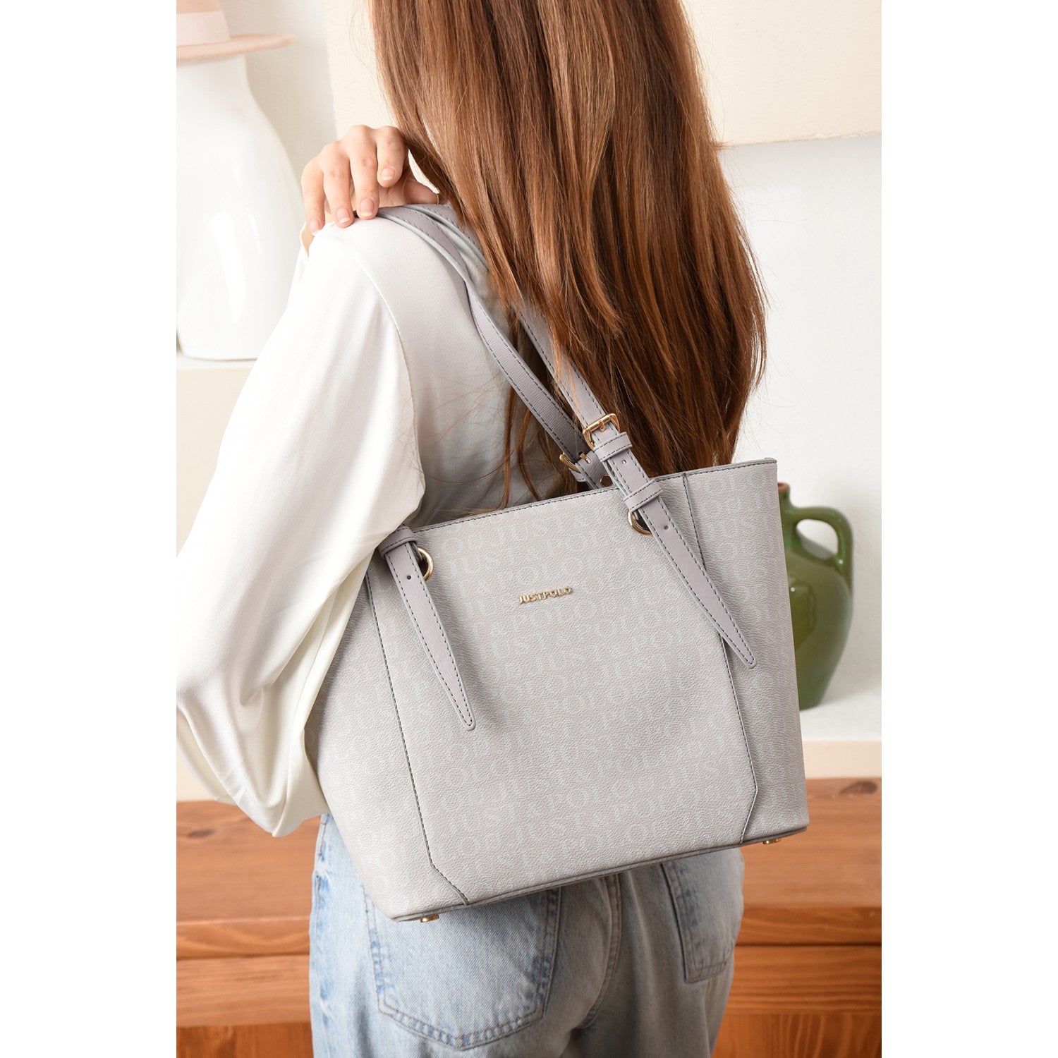 Just Polo Brown Premium Women's Hand and Shoulder Bag, New Season. Dimensions: Height: 25 cm, Width: 35 cm. Gray - MALLTURK
