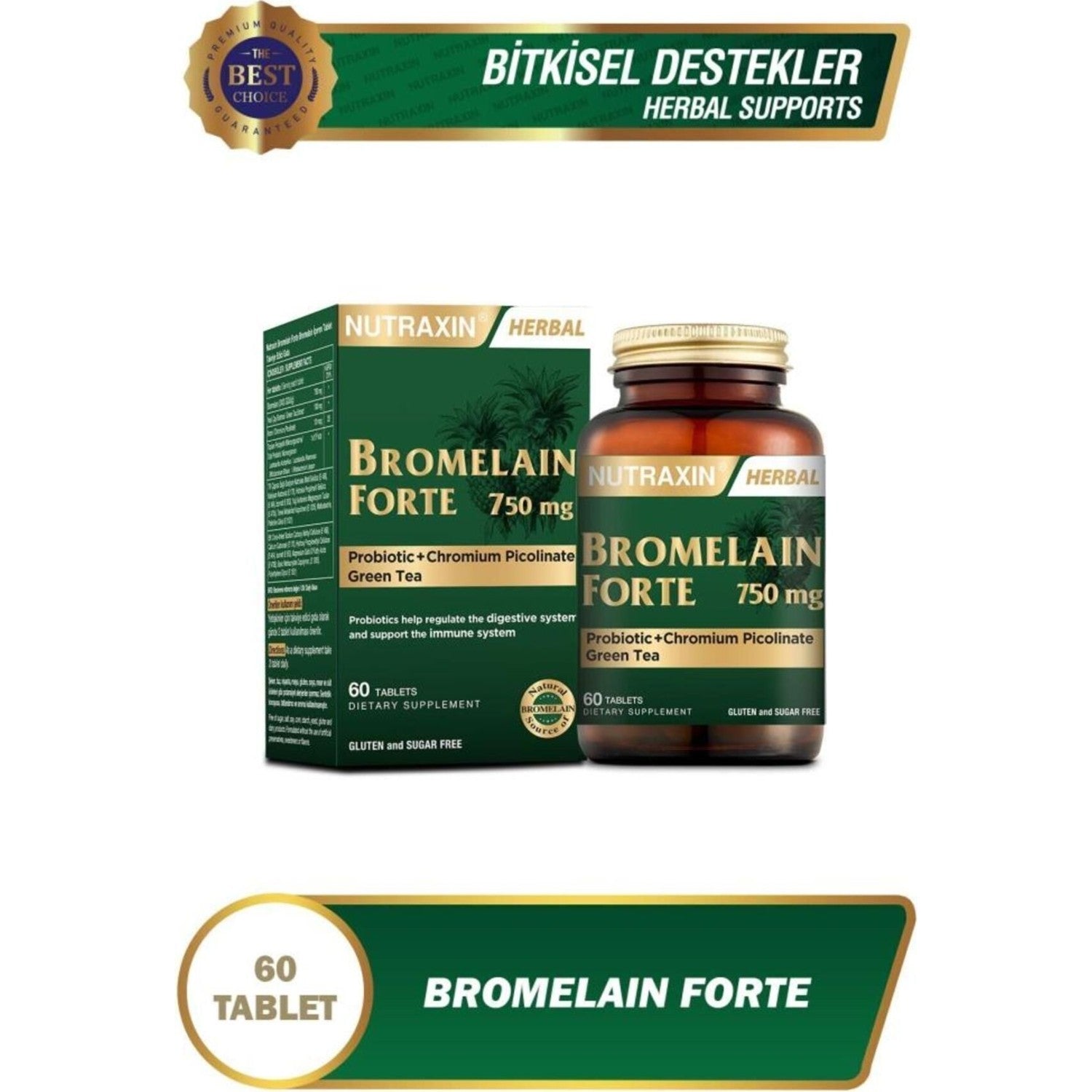 Nutraxin Bromelain Forte 750 mg 60 Tablet Krom Yesilcay Probiyotik - MALLTURK