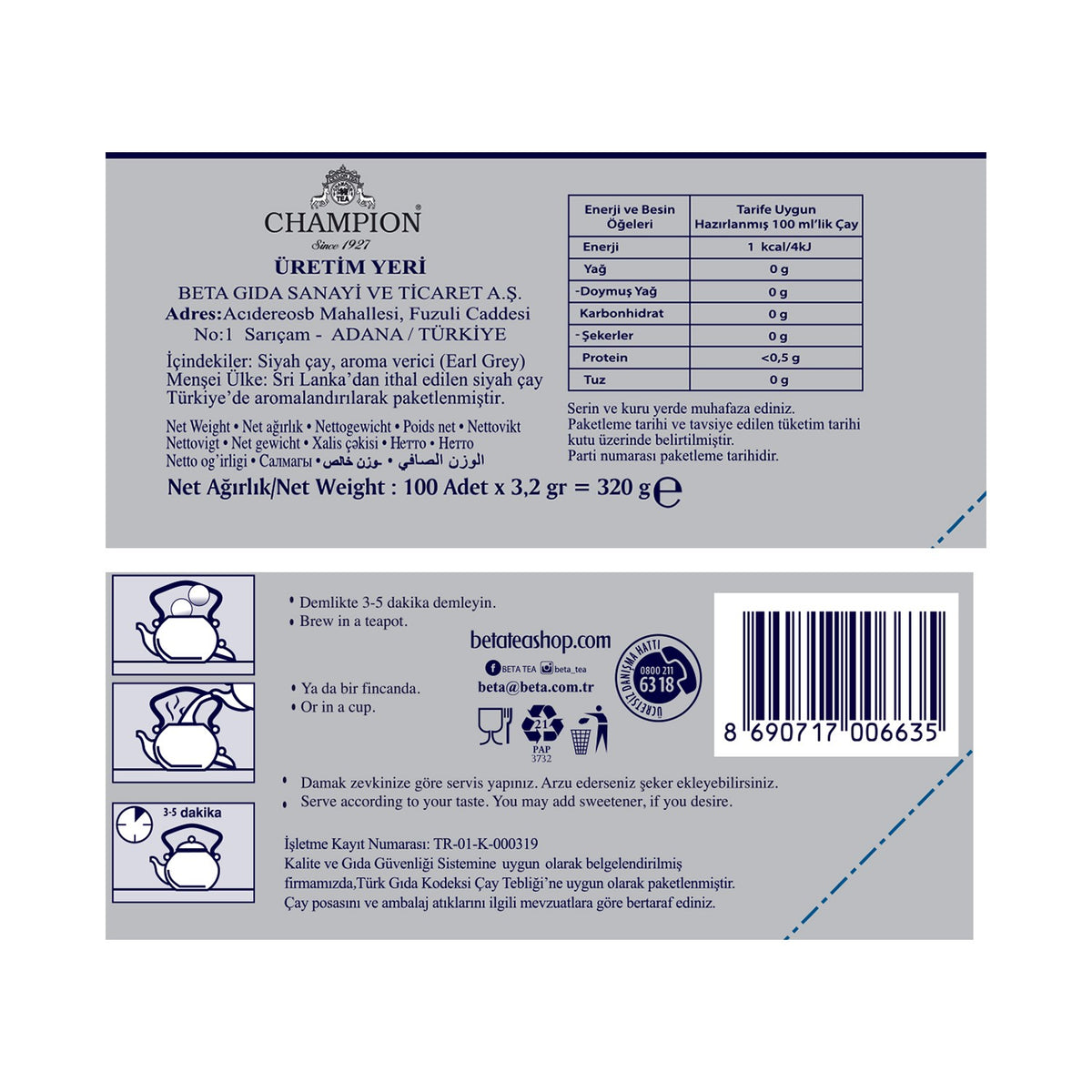 Champion Earl Grey Demlik bags 100 pieces (Bergamot - bud tea) 320 g bergamot flavored quality tea - MALLTURK