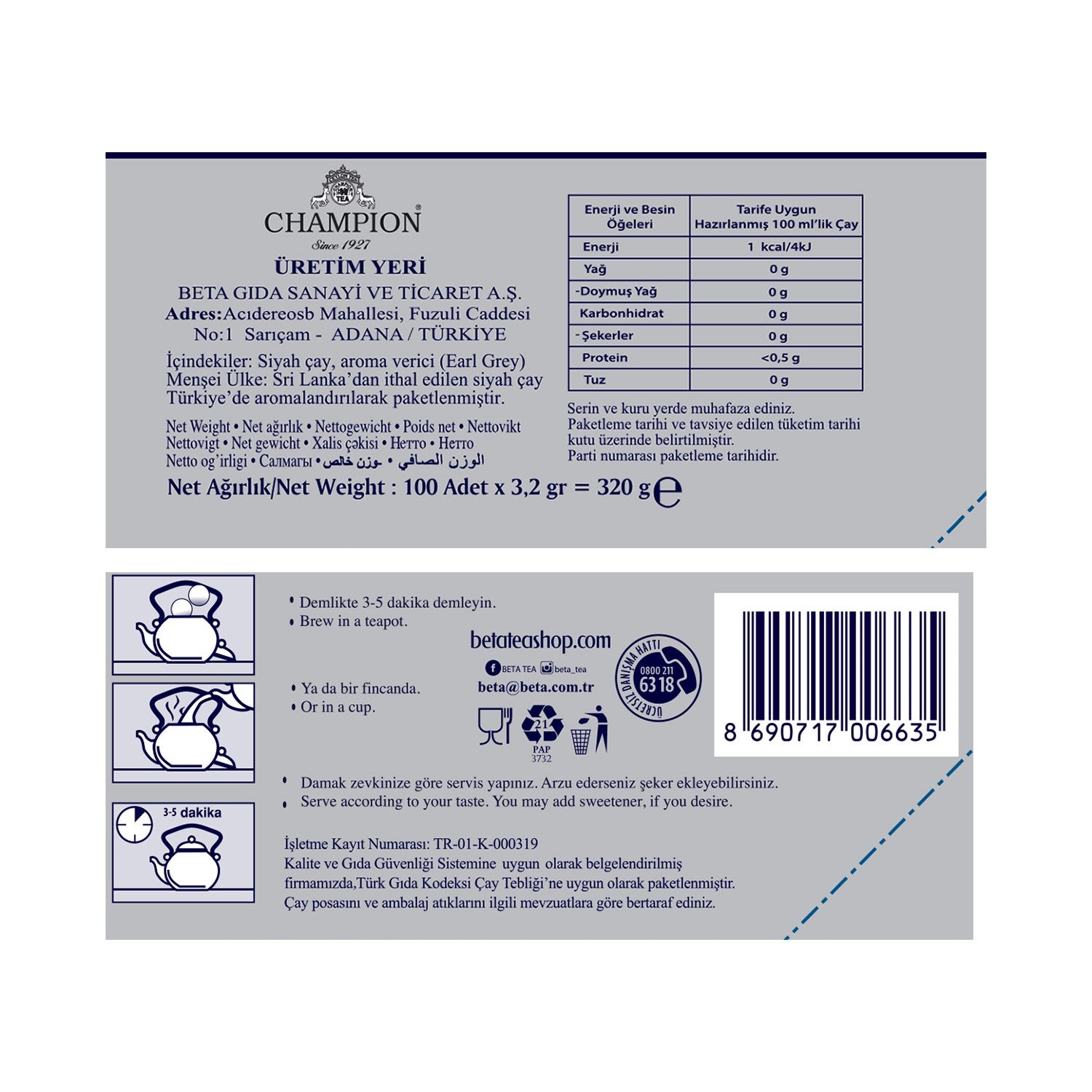 Champion Earl Grey Demlik bags 100 pieces (Bergamot - bud tea) 320 g bergamot flavored quality tea - MALLTURK