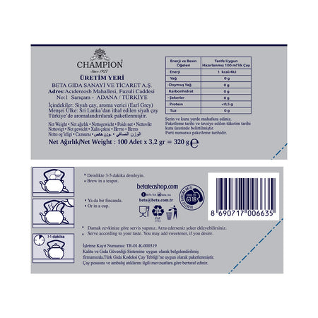 Champion Earl Grey Demlik bags 100 pieces (Bergamot - bud tea) 320 g bergamot flavored quality tea - MALLTURK