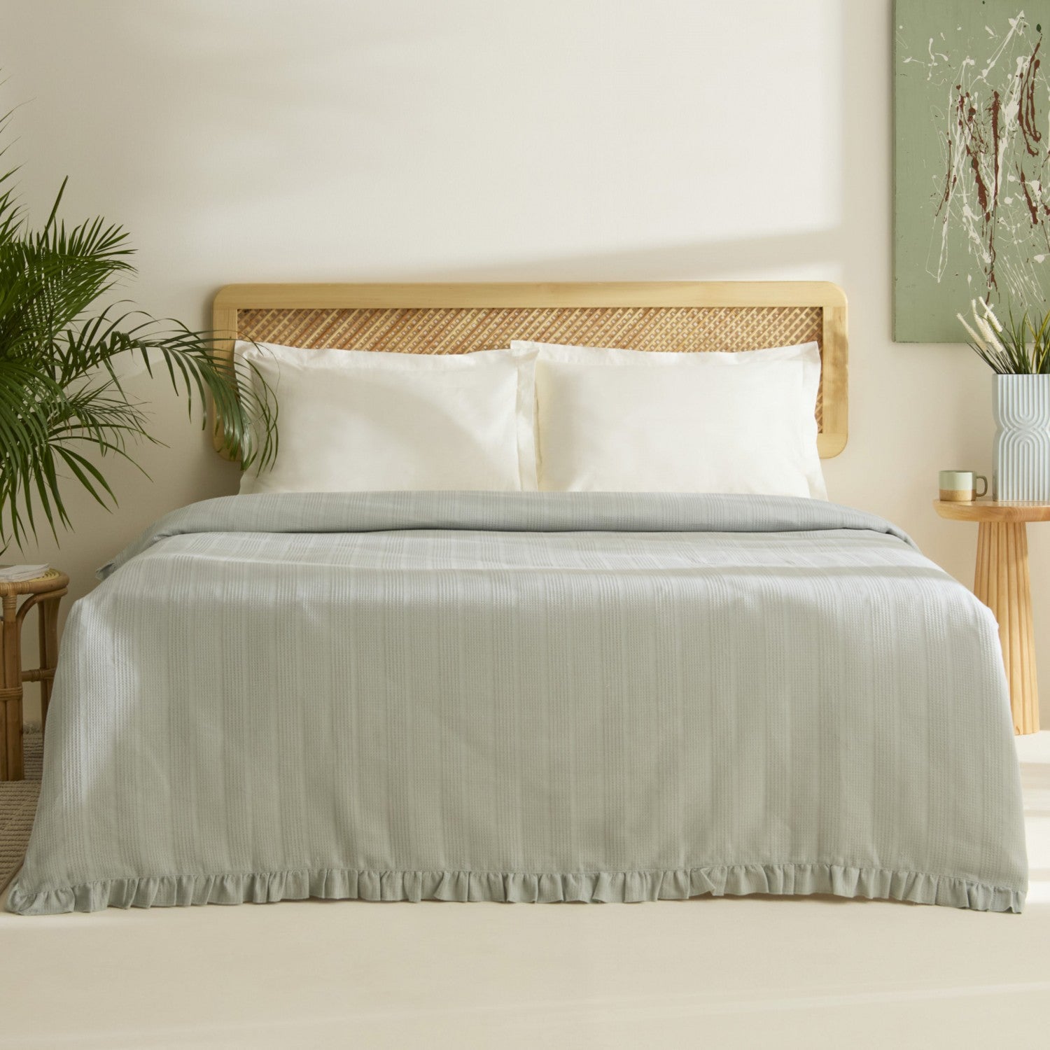 Karaca Home Maye 100% Cotton Ruffled Double Single Quilted Blanket Mint - MALLTURK