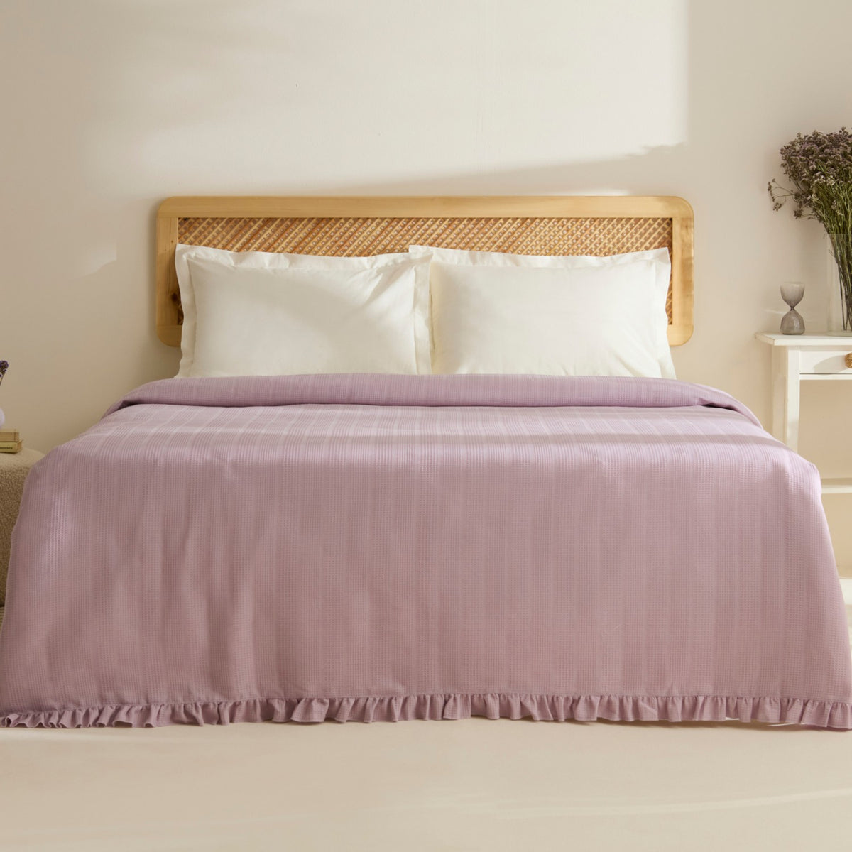 Karaca Home Maye 100% Cotton Ruffled Double Single Quilted Blanket in Plum - MALLTURK
