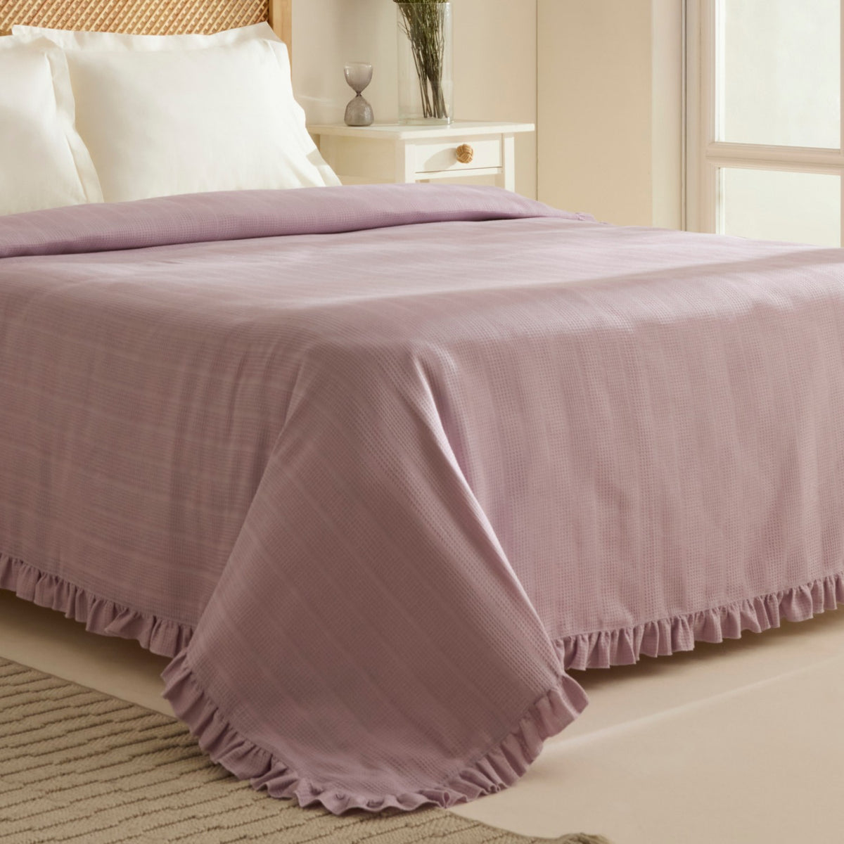 Karaca Home Maye 100% Cotton Ruffled Double Single Quilted Blanket in Plum - MALLTURK