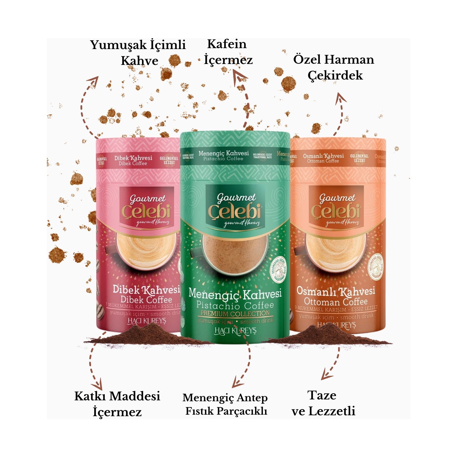 Haci KureysGourmet celebi Dibek, menengic, Ottoman Coffee 3-Pack - 3 x 250 Gr - MALLTURK