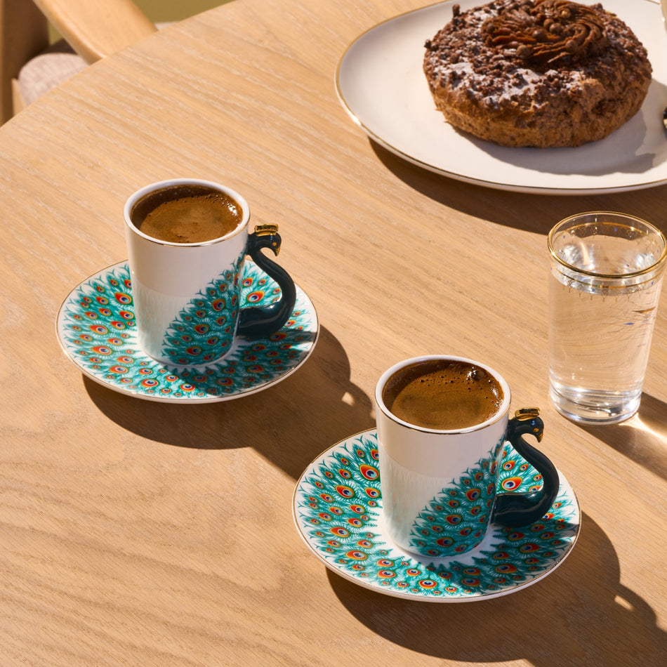 Karaca Peacock 4-Piece Patterned Porcelain Turkish Coffee Cup Set for 2, 90 ml - MALLTURK