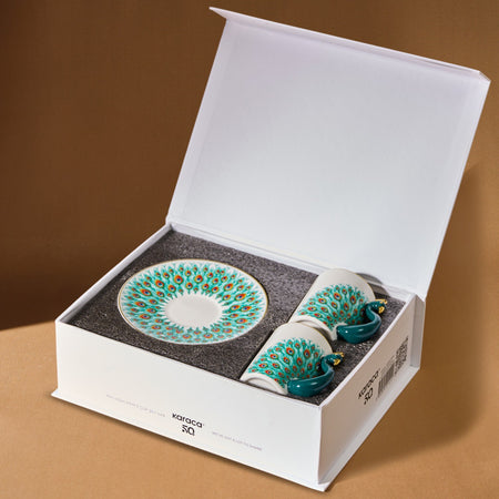 Karaca Peacock 4-Piece Patterned Porcelain Turkish Coffee Cup Set for 2, 90 ml - MALLTURK
