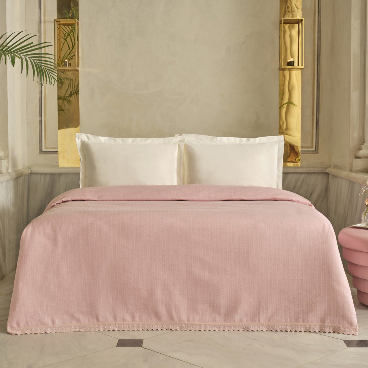 Karaca Home Lessie 100% Cotton Double Bedspread with Lace Trim, Single Quilt, Powder Pink - MALLTURK