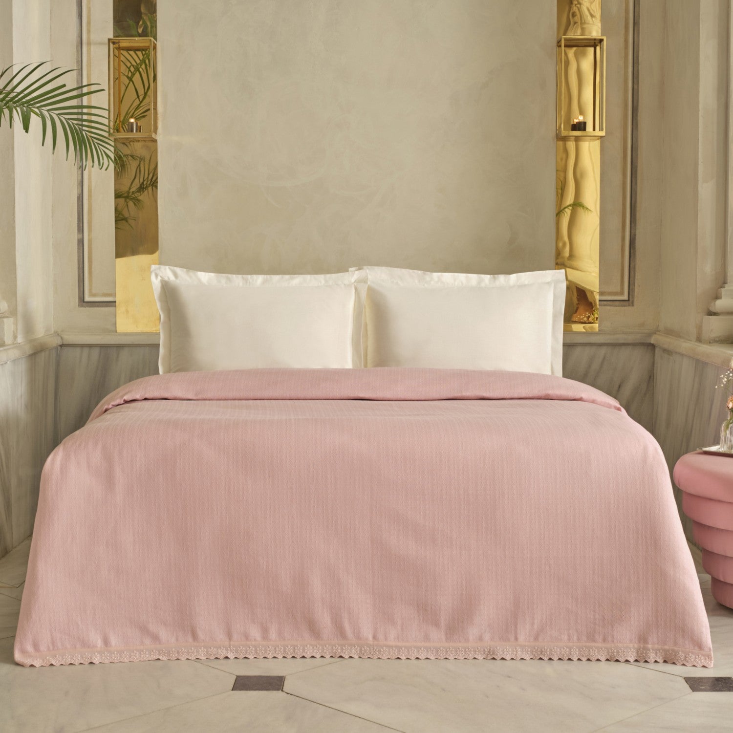Karaca Home Lessie 100% Cotton Double Bedspread with Lace Trim, Single Quilt, Powder Pink - MALLTURK