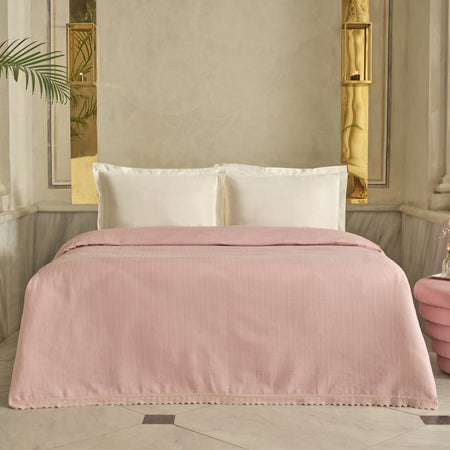 Karaca Home Lessie 100% Cotton Double Bedspread with Lace Trim, Single Quilt, Powder Pink - MALLTURK