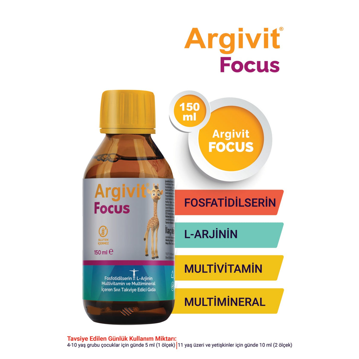 Argivit Focus Fosfotidilserin, L-Arjinin, Multivitamin and Multimineral with Sivi 2li Paket 150 ml - Portakal and Vanilya Flavored - MALLTURK