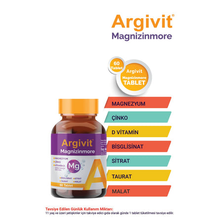 Argivit Magnizinmore Magnesium, Zinc and Vitamin D with Dietary Supplement 60 Tablet - MALLTURK