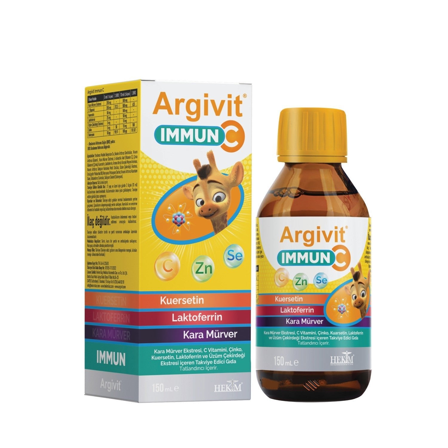 Argivit Immun C Syrup 3lu Paket ( Kara Murver, C Vitamin, Zinc, Kuersetin, Laktoferrin, Uzum ) 150 ml - Karisik Meyve Flavored - MALLTURK