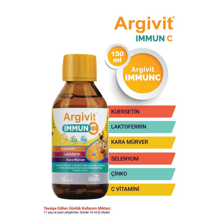 Argivit Immun C Syrup 3lu Paket ( Kara Murver, C Vitamin, Zinc, Kuersetin, Laktoferrin, Uzum ) 150 ml - Karisik Meyve Flavored - MALLTURK
