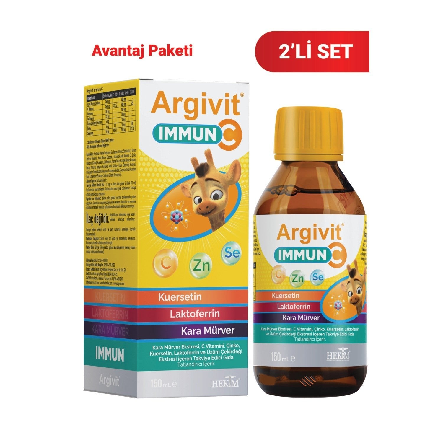 Argivit Immun C Syrup 2li Paket ( Kara Murver, C Vitamin, Zinc, Kuersetin, Laktoferrin, Uzum ) 150 ml - Karisik Meyve Flavored - MALLTURK