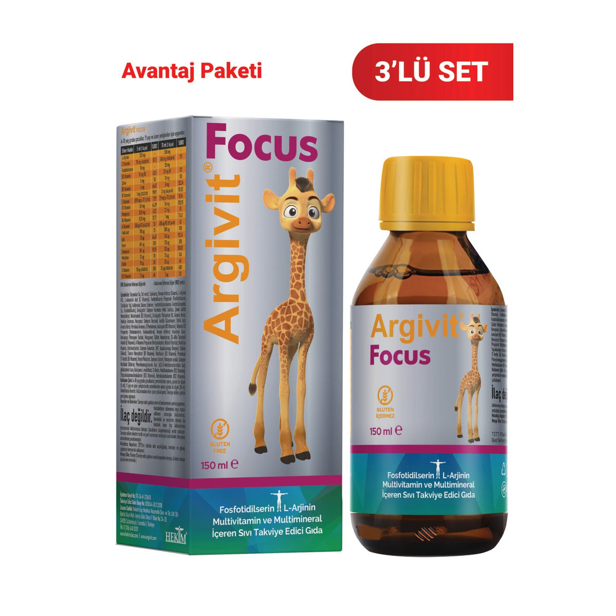Argivit Focus Fosfotidilserin, L-Arjinin, Multivitamin and Multimineral with Sivi 3lu Paket 150 ml - Portakal and Vanilya Flavored - MALLTURK