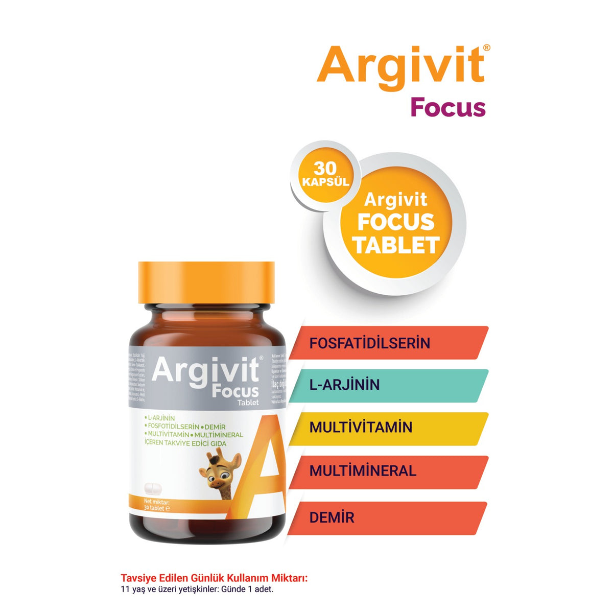 Argivit Focus 2li Paket L-Arjinin, Fosfotidilserin, Iron, Multivitamin and Multimineral with Tablet 30 Tablet - MALLTURK