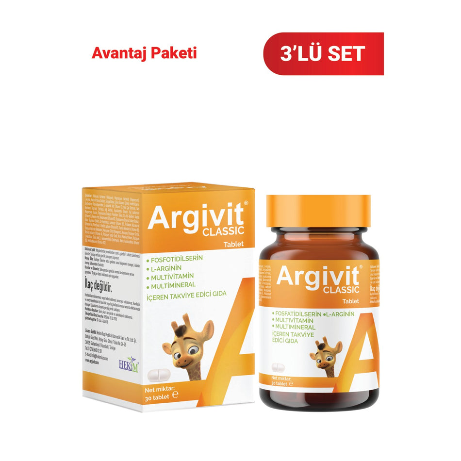 Argivit Classic Fosfotidilserin, L-Arjinin, Multivitamin and Multimineral with Tablet 3lu Paket 30 Tablet - MALLTURK