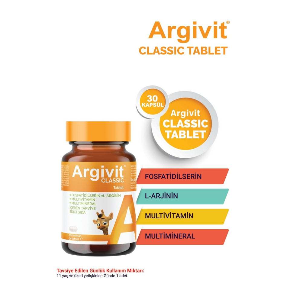 Argivit Classic Fosfotidilserin, L-Arjinin, Multivitamin and Multimineral with Tablet 3lu Paket 30 Tablet - MALLTURK