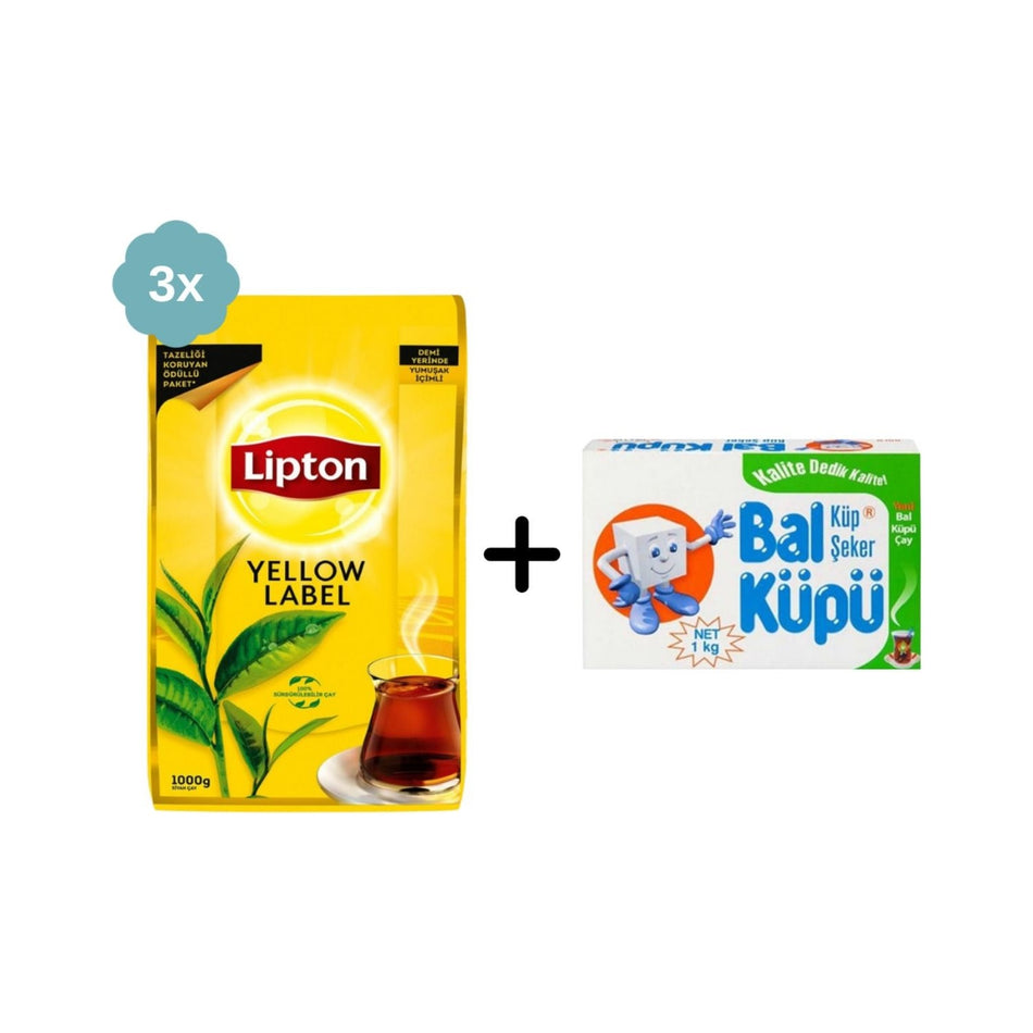 Lipton Yellow Label loose leaf black tea 1000 g x 3 pieces + Balkupu Kesme Seker 1000 g