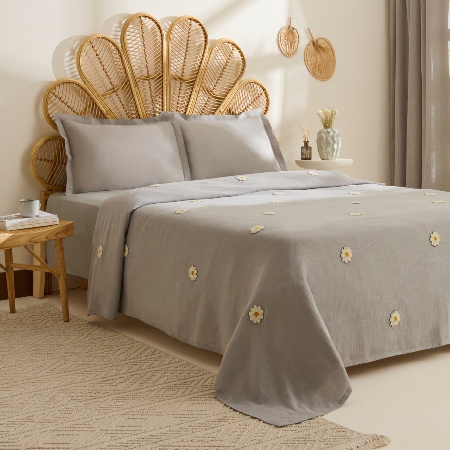 Karaca Home Liona 100% Cotton Muslin Double Bed Quilt Set Grey - MALLTURK