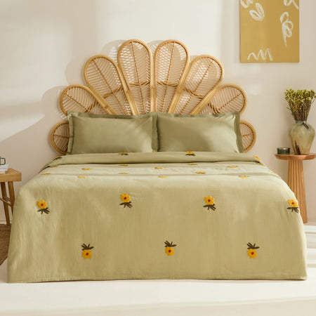 Karaca Home Sunflower 100% Cotton Muslin Double Bed Quilt Set, Sage - MALLTURK