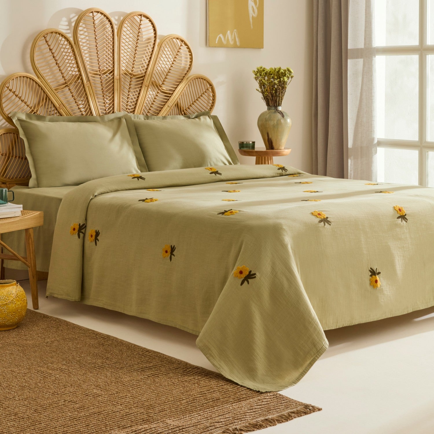 Karaca Home Sunflower 100% Cotton Muslin Double Bed Quilt Set, Sage - MALLTURK
