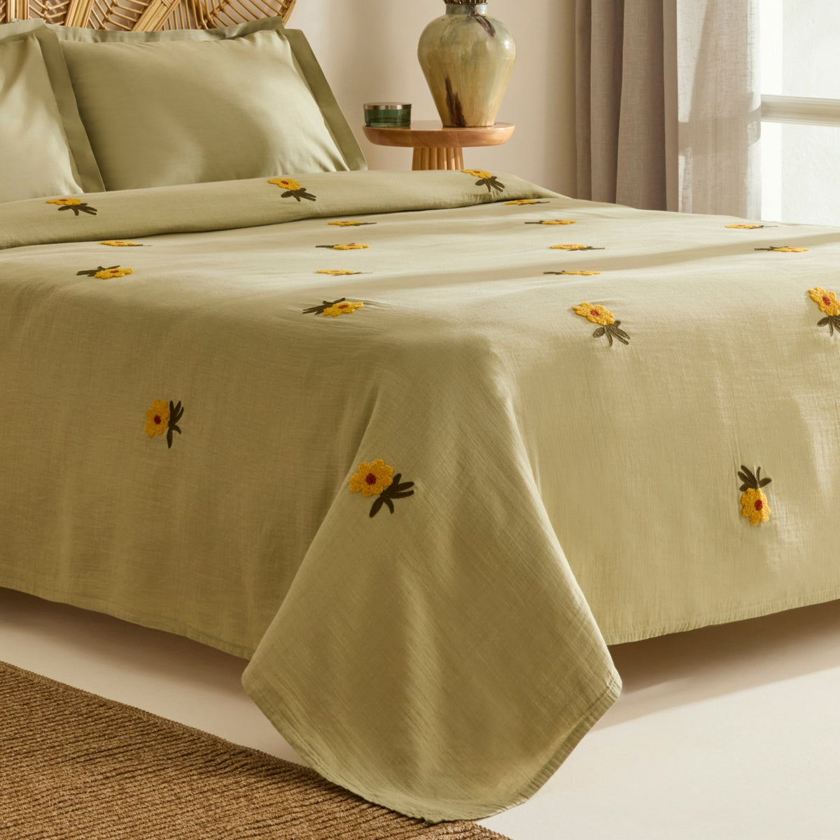 Karaca Home Sunflower 100% Cotton Muslin Double Bed Quilt Set, Sage - MALLTURK